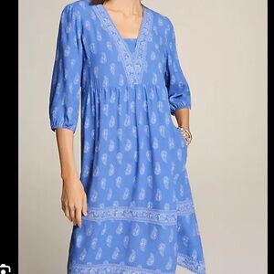 J. Jill Blue Border Printed Flounced Hem Dress XS